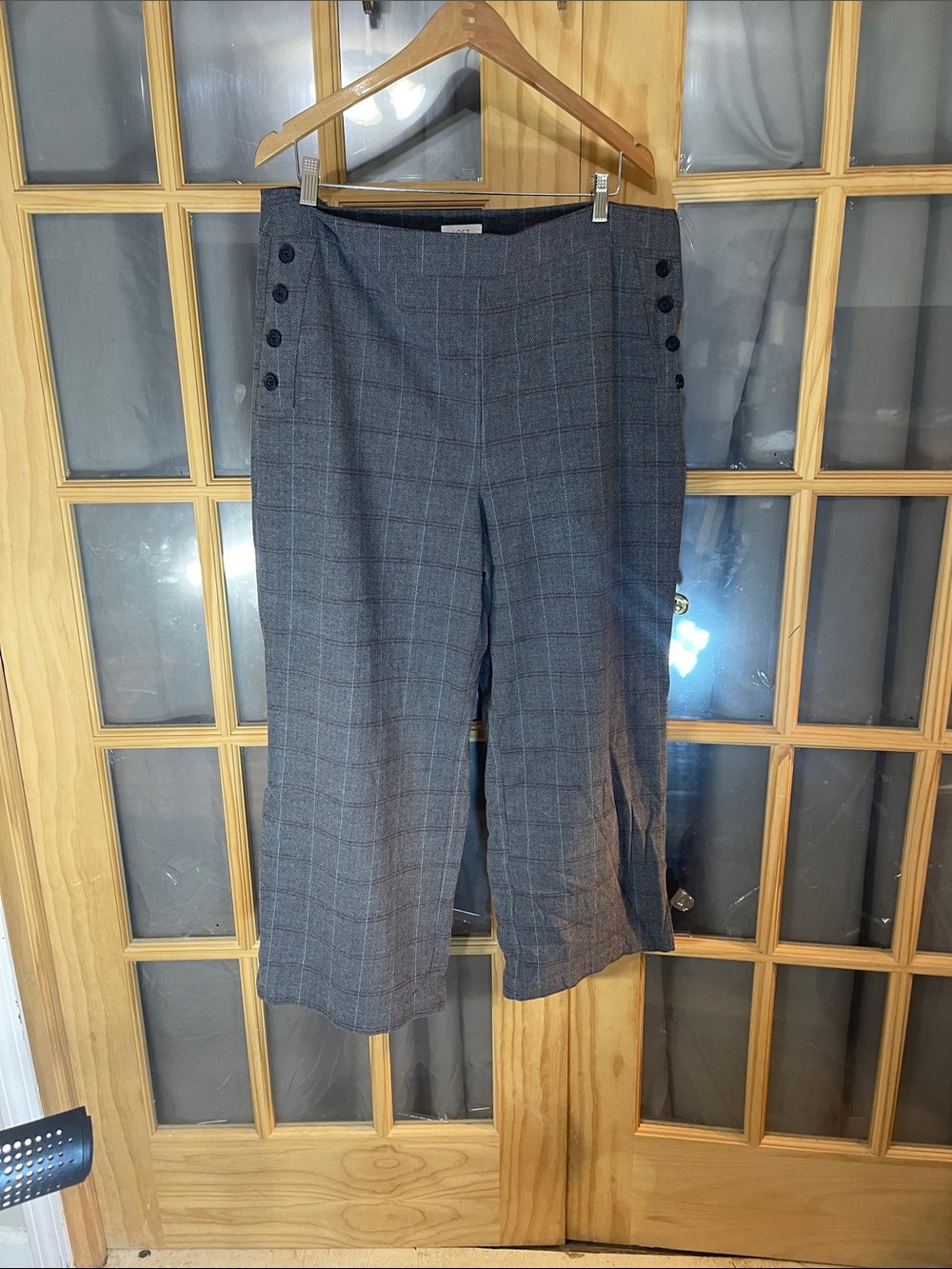 201. Loft Gray Plaid Wide-Leg Pants with Side Button Detail
